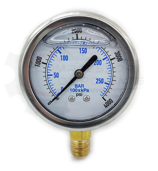 PIC 0-4000 PSI BOTTOM MOUNT LIQUID FILLED PRESSURE GAUGE 2.5" DIAL 1/4" MNPT