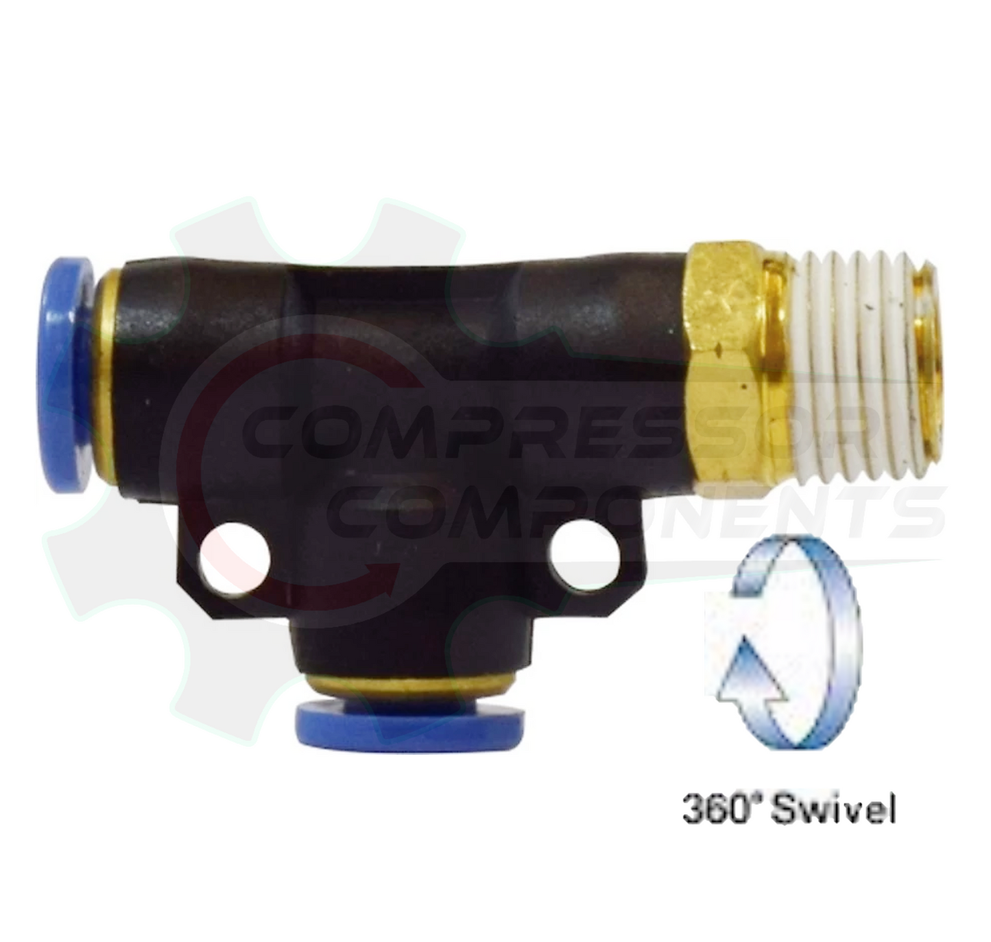 3/8" Push Lock X 1/2" MNPT Composite Body Swivel Run Tee