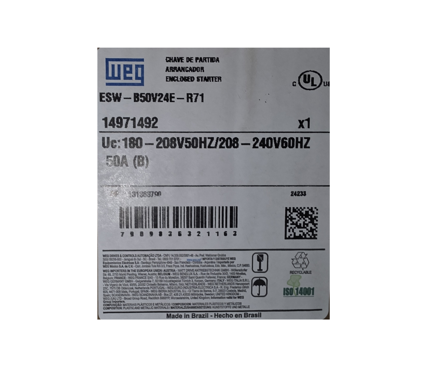 WEG 15 HP THREE PHASE 208-240 VOLT 50 AMP Magnetic Motor Starter  /  ESW-B50V24E-R71