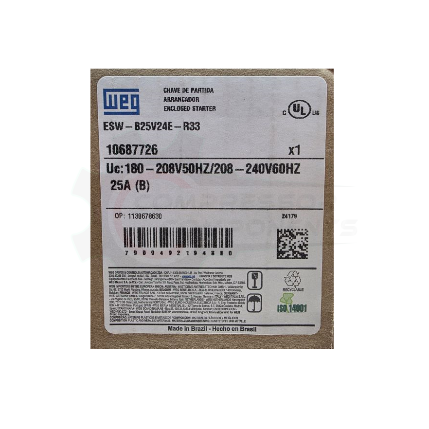 WEG 7.5 HP THREE PHASE 208-240 VOLT 23 AMP Magnetic Motor Starter  /  ESW-B25V24E-R33