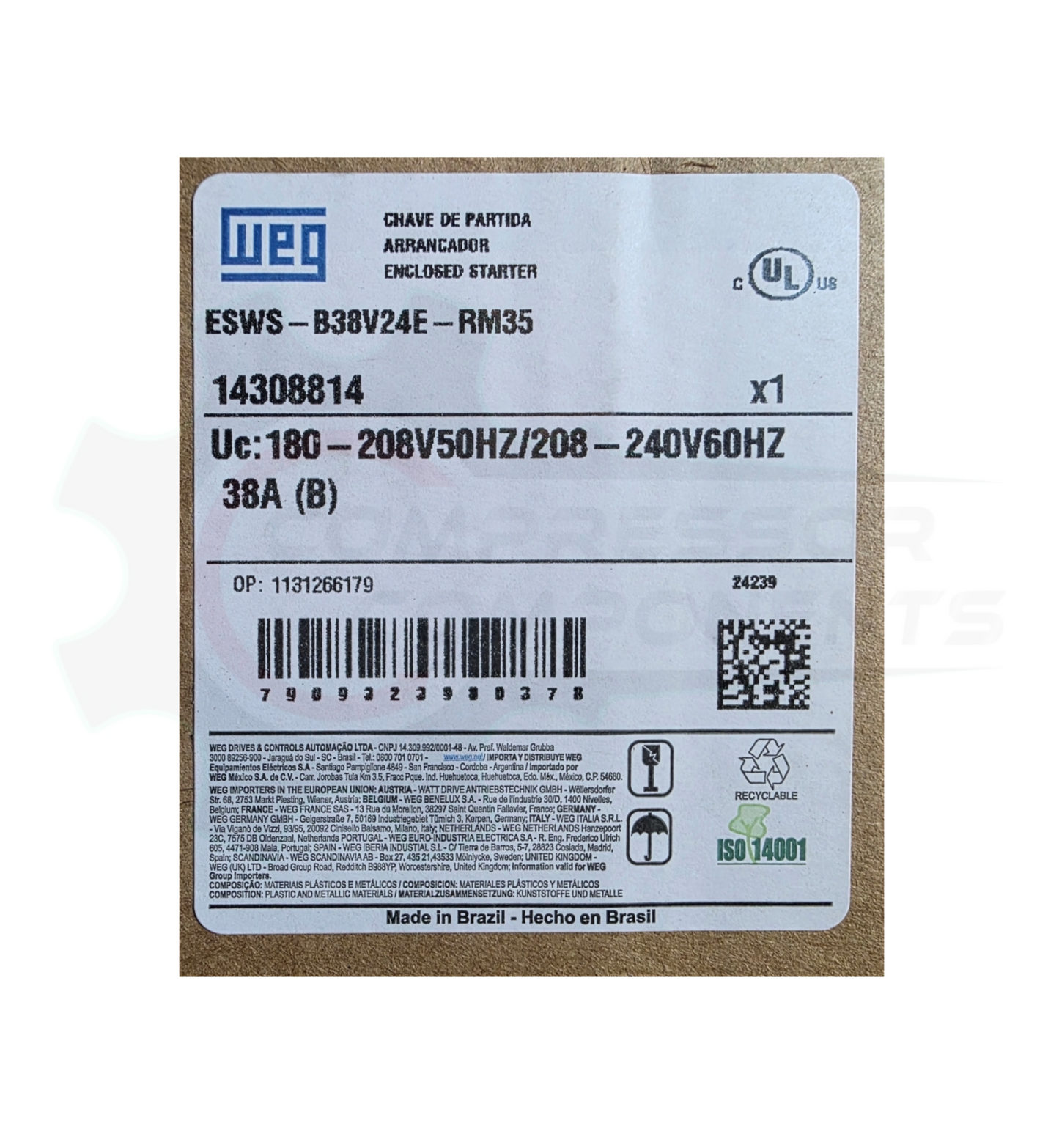 WEG 7.5 HP SINGLE PHASE 208-240 VOLT 38 AMP Magnetic Motor Starter  / ESWS-B38V24E-RM35