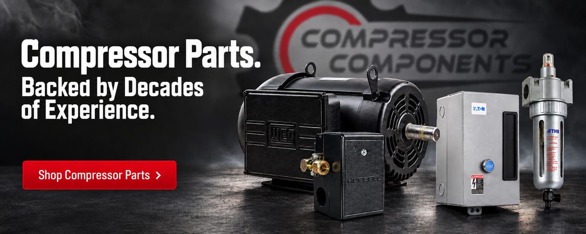 Compressor parts backed by decades of experience: motor, pressure switch, starter and air filter.