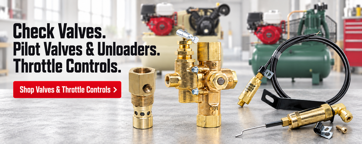 Check valves, pilot valves and unloaders, and throttle controls with unbranded gasoline compressors in a bright workshop