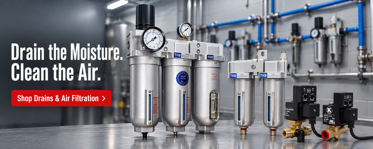 THB filtration assemblies and electronic condensate drains in front of neatly routed compressed-air piping