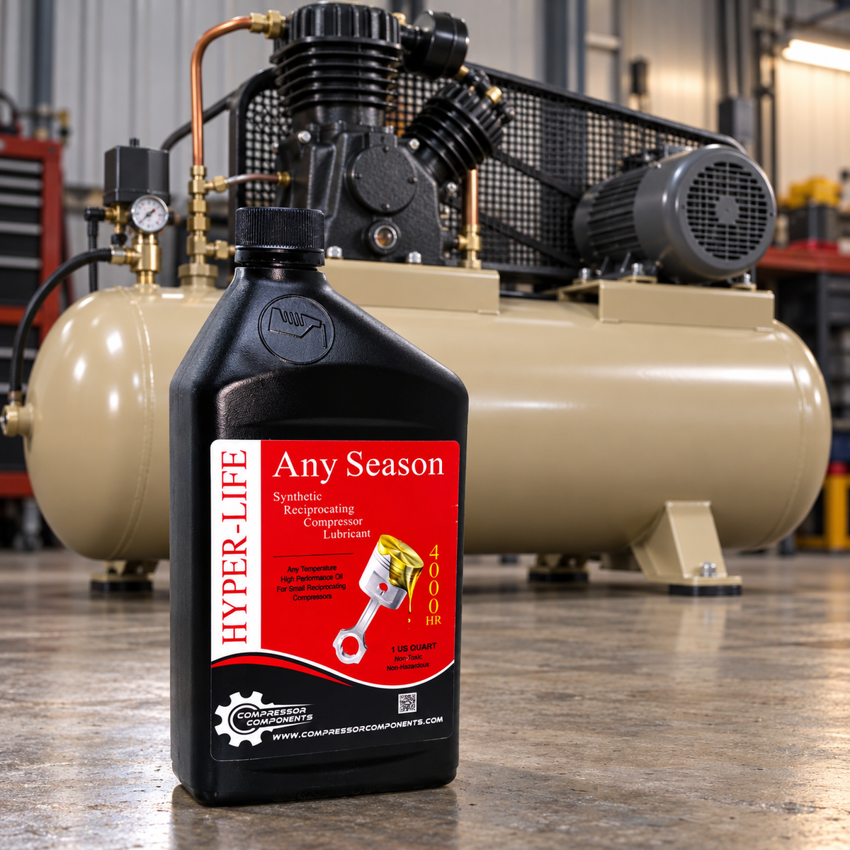 Compressor Components Hyper-Life Any Season ISO VG 100 Diester Reciprocating Compressor Oil 1 Quart in front of an unbranded horizontal piston compressor, compatible with Ingersoll Rand All Season Select 38436721 and 38436739