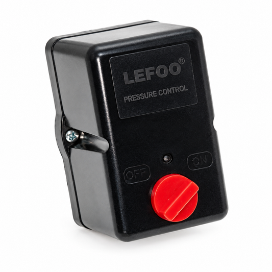 Lefoo CND-9UL1-26 new-style single-port air compressor pressure switch, front angle with red rotary control