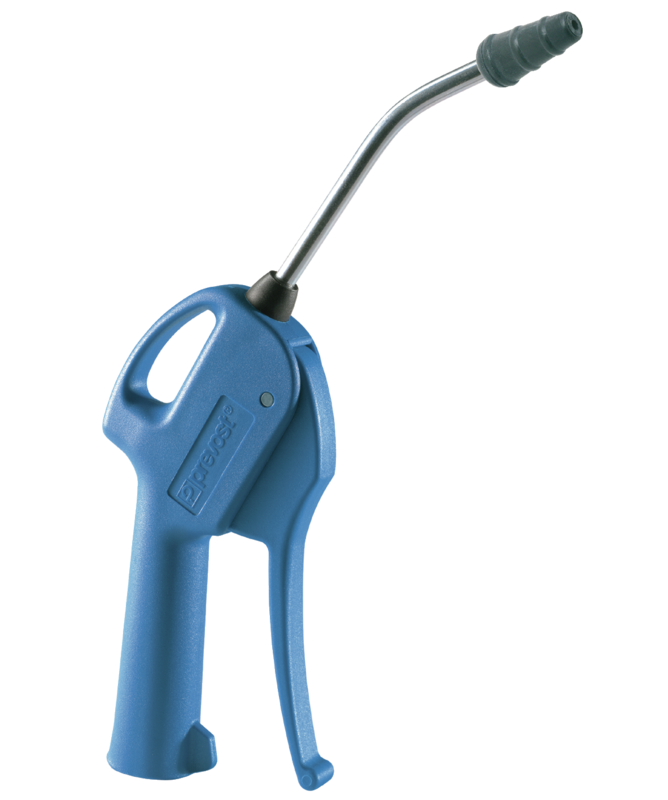 Prevost 27202 MTLRT air blow gun with 4-inch bent metal nozzle, non-scratch rubber tip and blue composite trigger body