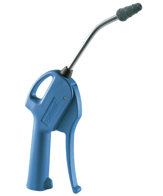 Prevost 27202 MTLRT air blow gun with 4-inch bent metal nozzle, non-scratch rubber tip and blue composite trigger body