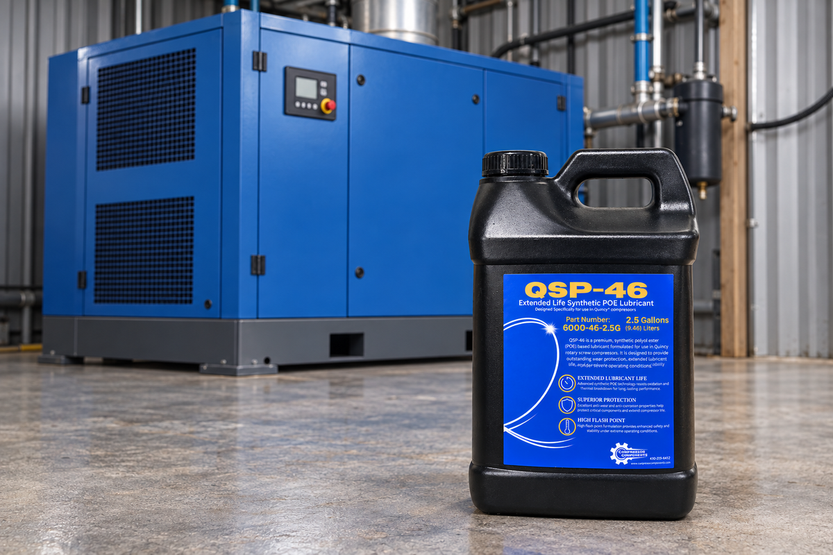 Compressor Components QSP-46 ISO VG 46 POE synthetic compressor oil 2.5 gallons in front of an unbranded rotary screw compressor, compatible alternative to Quincy QuinSyn Plus