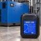 Compressor Components QSP-46 ISO VG 46 POE synthetic compressor oil 5 gallons in front of an unbranded rotary screw compressor, compatible alternative to Quincy QuinSyn Plus