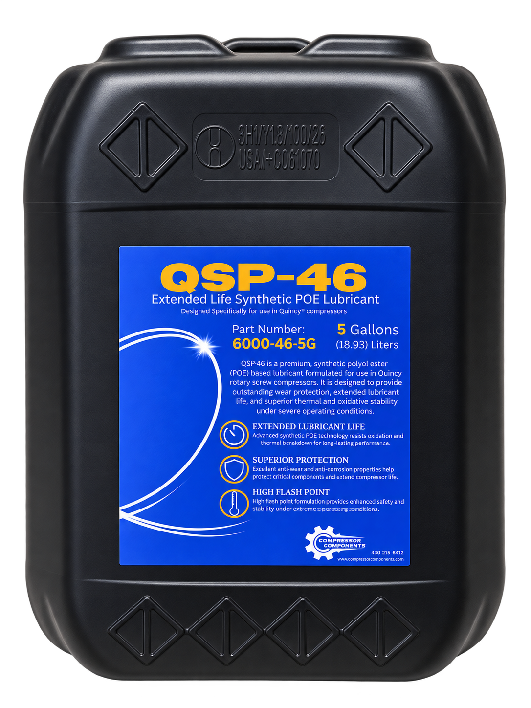 Compressor Components QSP-46 ISO VG 46 POE synthetic rotary screw compressor oil, 5 gallons, compatible alternative to Quincy QuinSyn Plus