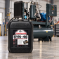 Compressor Components SYN-46 ISO VG 46 synthetic hydrocarbon rotary screw compressor oil, 5 gallons, beside an unbranded compressor