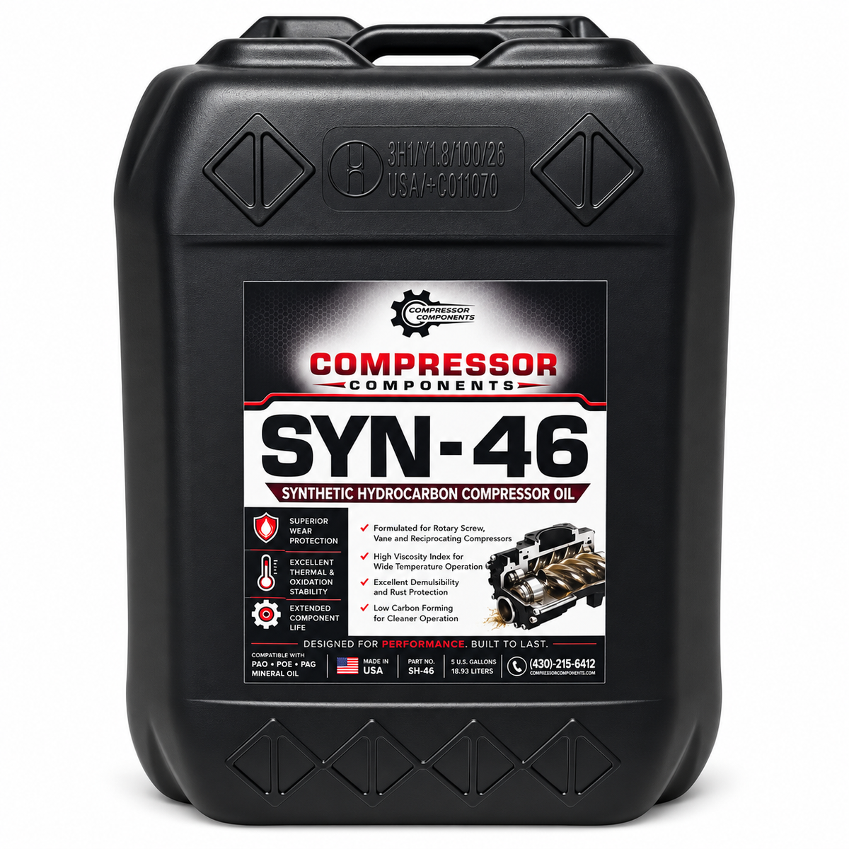 Compressor Components SYN-46 ISO VG 46 synthetic hydrocarbon rotary screw compressor oil, 5 gallons, compatible with Summit SH-46