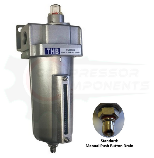 THB FM764 COALESCING FILTER - 1/2" FNPT INDUSTRIAL GRADE WITH 0.01 MICRON 140 CFM FILTER WITH MANUAL DRAIN