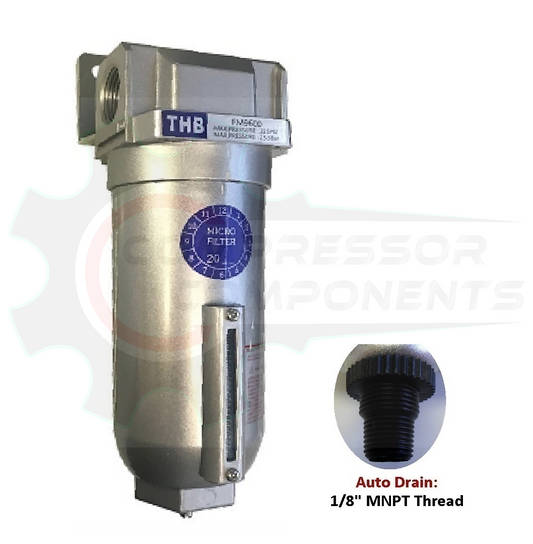 THB FM966A COALESCING FILTER - 3/4" FNPT INDUSTRIAL GRADE HIGH FLOW WITH 0.01 MICRON 160 CFM FILTER WITH AUTO DRAIN