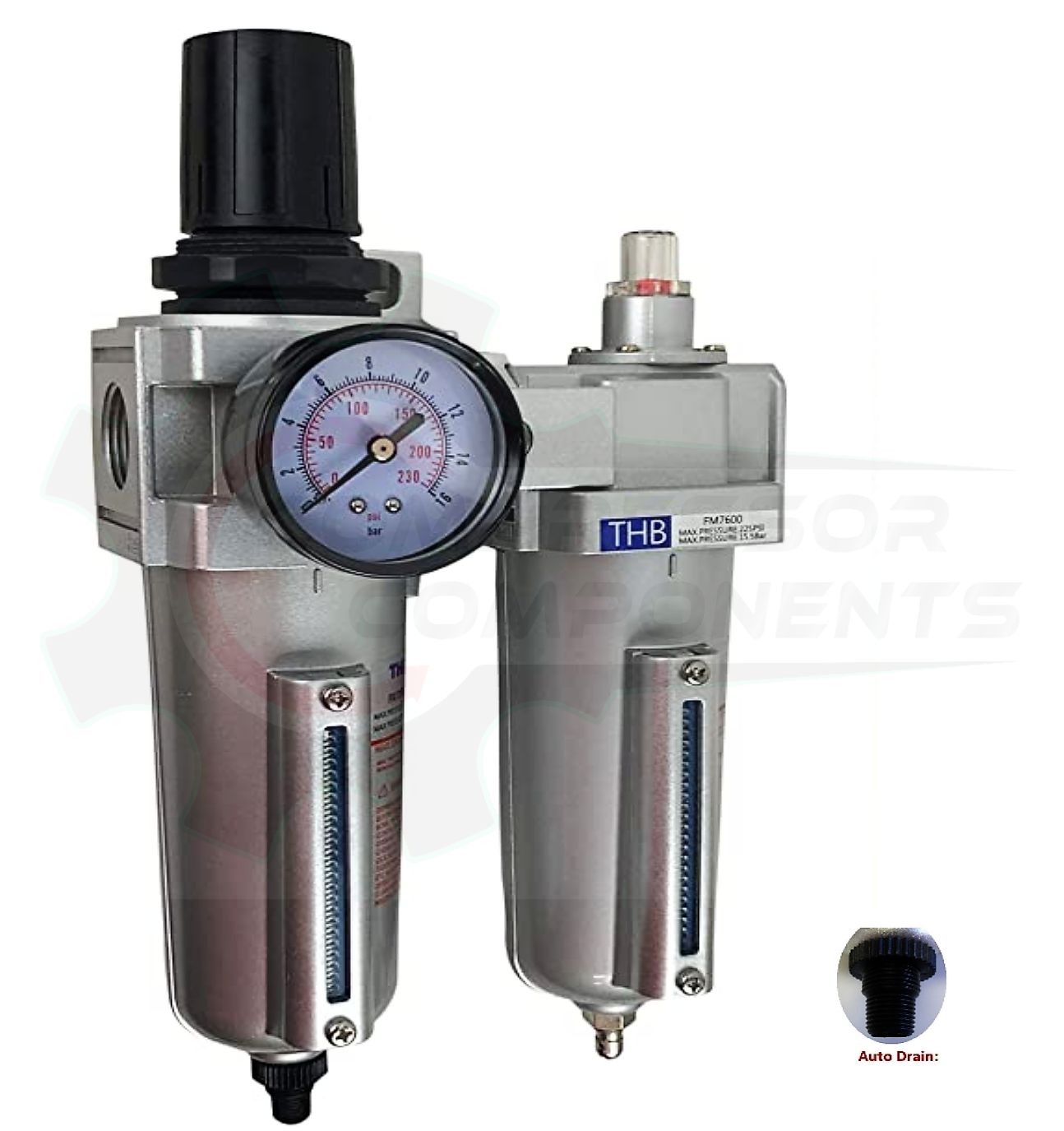 THB FRL724A - INDUSTRIAL GRADE, FILTER / REGULATOR / LUBRICATOR COMBO WITH AUTO DRAIN - 1/2" FNPT / 140 CFM