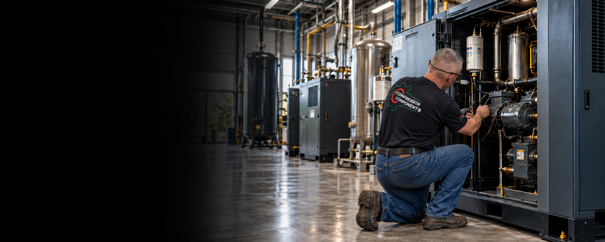 Compressor Components technician kneeling at an industrial air compressor